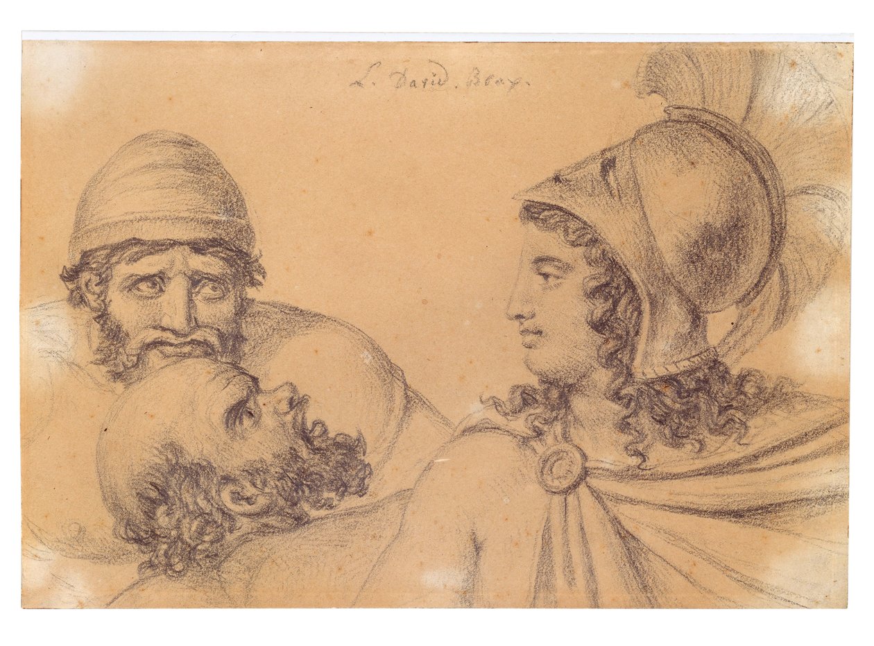 Niderlandzki: Wojownik w hełmie z dwoma brodatymi mężczyznami Wojownik w hełmie z dwoma brodatymi mężczyznami autorstwa Jacques Louis David