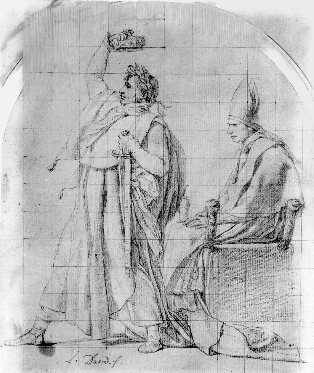 Cesarz Napoleon koronujący się, ok.1804/07 (ołówek na papierze ze śladami atramentu) autorstwa Jacques Louis David