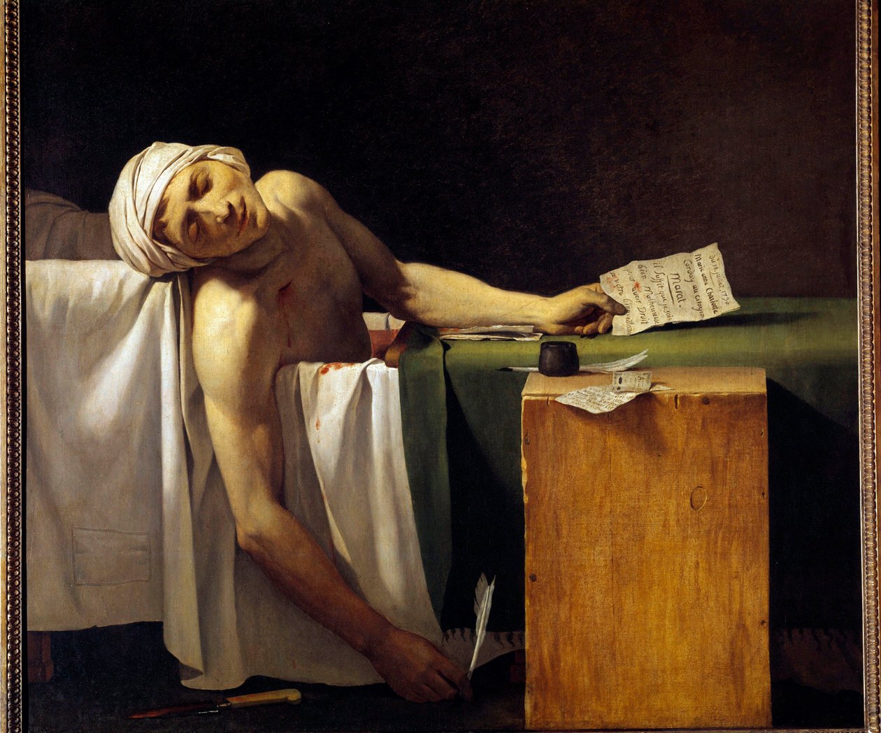 Rewolucja Francuska: „” Jean Paul Marat (1743-1793) zamordowany w swojej wannie 13.07.1793” Obraz Jerome Martin Langlois (1779-1838), członek warsztatu Jacques Louis David. 19 wiek autorstwa Jacques Louis David