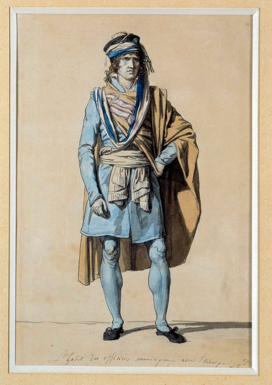 Rewolucja Francuska: projekt kostiumu obywatelskiego 1793 „Suknia urzędnika miejskiego z szalikiem” Akwarela Jacques Louis David (1748-1825) Ndz. 0,3x0,2m. Wersal, zamki wersalskie i Trianon autorstwa Jacques Louis David