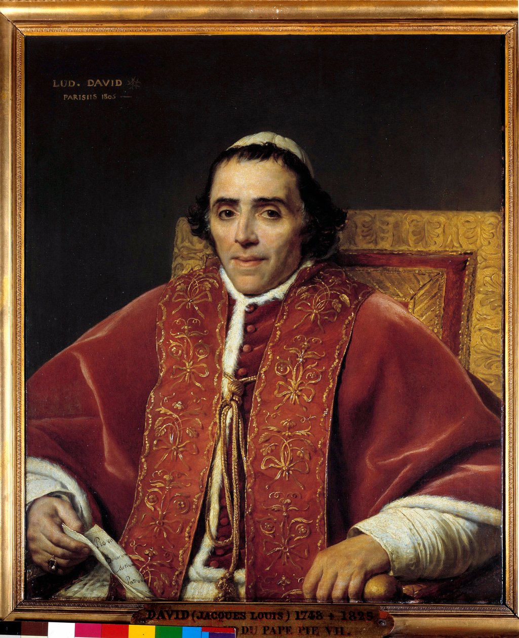 Portret przedstawiający pół ciała papieża Piusa VII (Gregoire Chiaramonti), papieża z 1800 r. (1742-1823) Obraz Jacquesa Louisa Davida (1748-1825) XIX w. Niedz. 0,91x0,85m. - Portret pół ciała papieża Piusa VII (Gregoire Chiaramonti), papieża w 1800 (1742- autorstwa Jacques Louis David