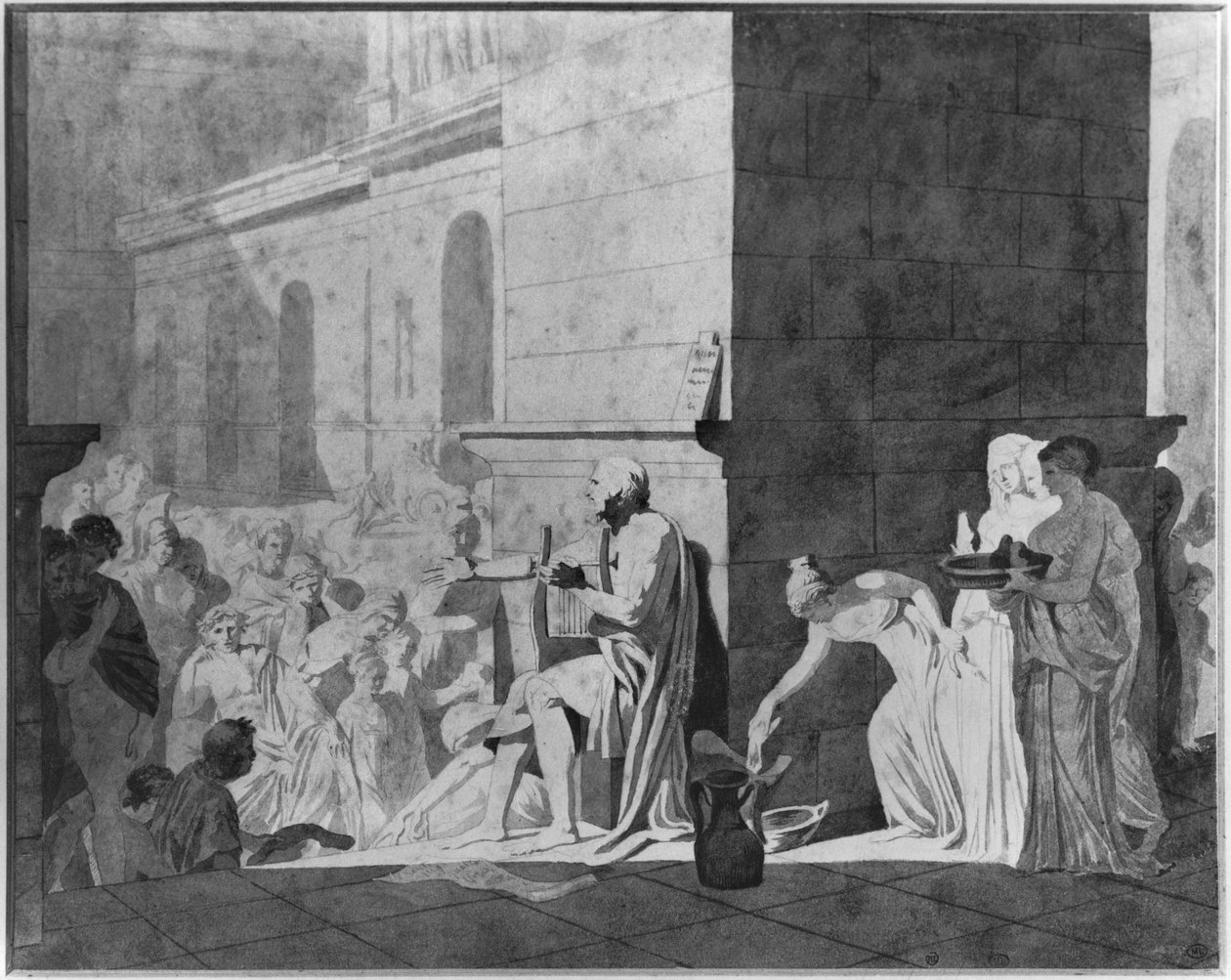 Homer recytujący swoje wiersze, 1794 (pióro, czarny tusz, grafit, szara farba i czerwona kreda na papierze) autorstwa Jacques Louis David