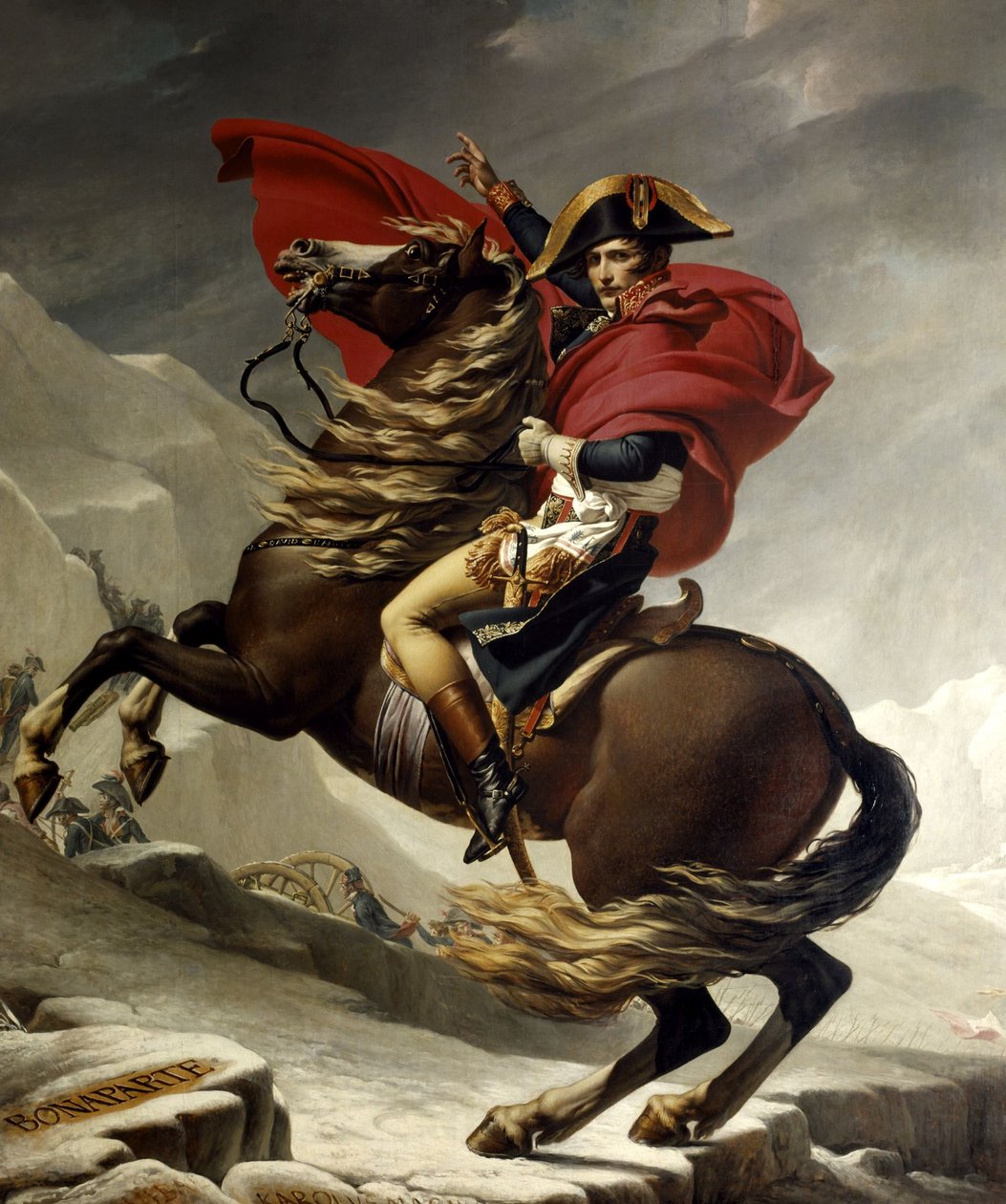 Napoleon Bonaparte przekraczający Alpy pod Grand Saint Bernard autorstwa Jacques Louis David