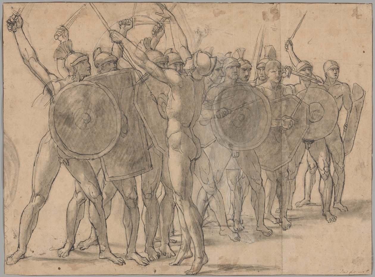 Nadzy żołnierze gestykulujący bronią (recto); Dwa studia draperii dla postaci Tatius (verso) autorstwa Jacques Louis David
