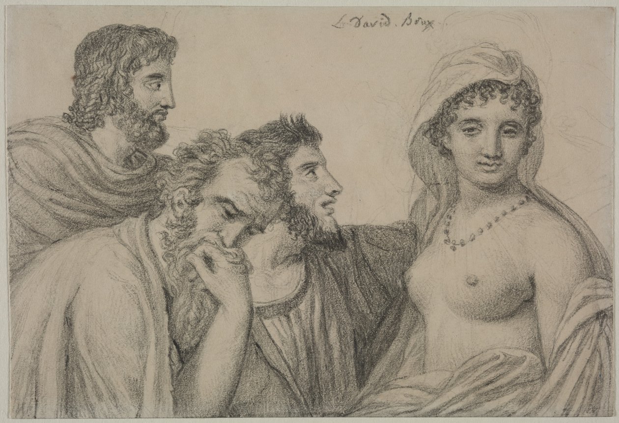 Phryné przed sędziami, ok. 1816-1820 (czarna kreda na papierze tkanym) autorstwa Jacques Louis David