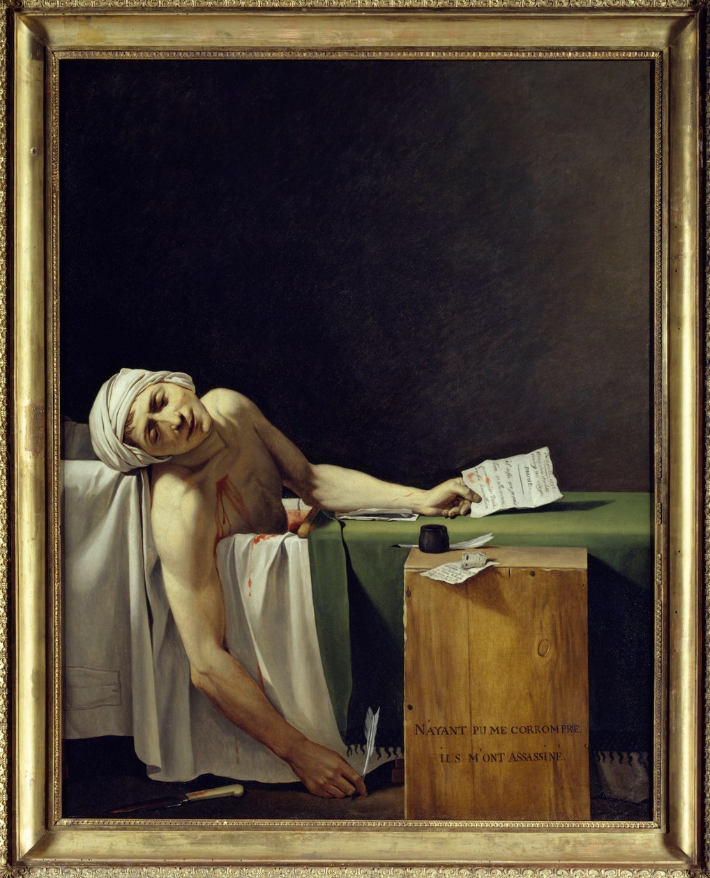 Śmierć Marata (John Paul Marat (1743-1793) zamordowany). Obraz Jacquesa Louisa Davida (1748 - 1825). 1793 niedz. 1,62x1,3m. Luwr Paryż autorstwa Jacques Louis David