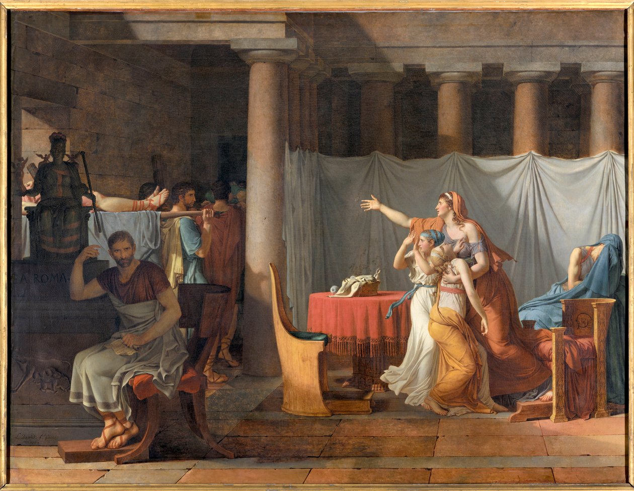 Liktorzy donoszą Lucjuszowi Juniuszowi Brutusowi (VI wiek p.n.e.) ciała swoich synów Liktorzy niosący Brutusowi ciała swoich synów autorstwa Jacques Louis David