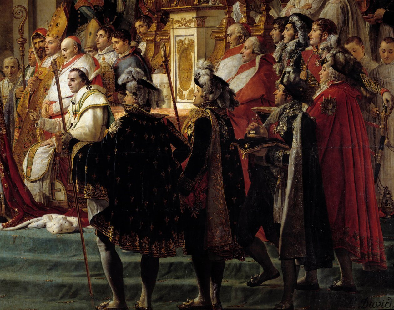 Obrzęd Napoleona. Szczegół przedstawiający pierwszy plan z papieżem Piusem VII podczas sacrum cesarza Napoleona I Bonaparte i koronacji cesarzowej Józefiny w Notre-Dame de Paris 2 grudnia autorstwa Jacques Louis David