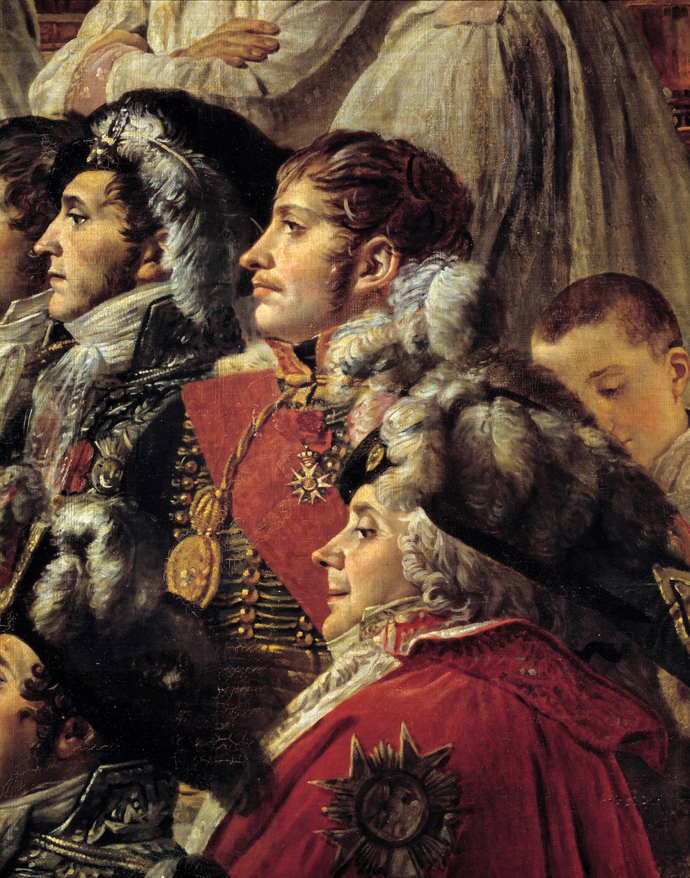 Obrzęd Napoleona. Detal przedstawiający Auguste Jean-Gabriel de Caulaincourt (1777-1809), Eugene Rose de Beauharnais dit Prince Eugene (1781-1824) i Charles Maurice de Talleyrandt-Perigord dit Talleyrand (1754-1838) podczas koronacji cesarza Napoleona autorstwa Jacques Louis David