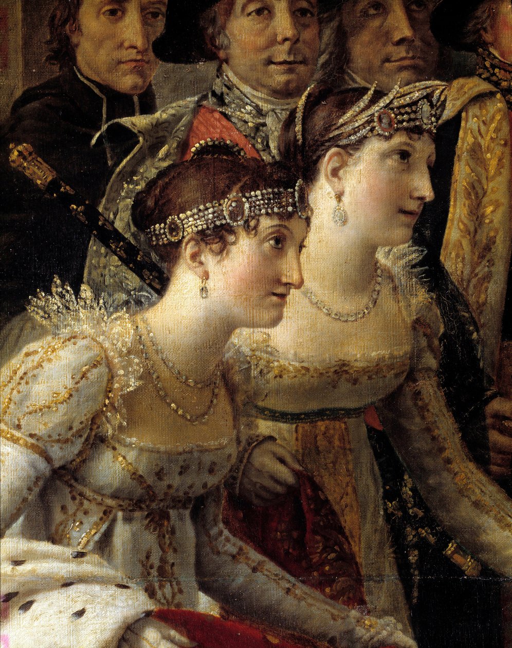 Obrzęd Napoleona. Detal przedstawiający Madame de la Rochefoucault i Madame Lavalette podczas sacrum cesarza Napoleona I Bonaparte i koronacji Imperatrice Josephine w Notre-Dame de Paris 2 grudnia autorstwa Jacques Louis David