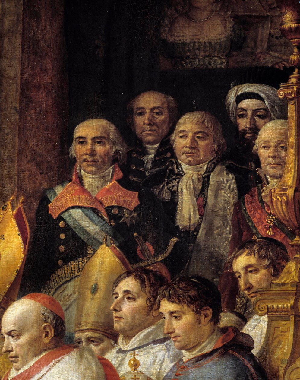 Obrzęd Napoleona. Szczegół reprezentujący ambasadorów (admirał de Gravina (ambasador Hiszpanii, zm. 1805), generał Armstrong (ambasador Stanów Zjednoczonych), Monsieur de Marescalchi (minister republiki włoskiej), Mohamed powiedział - halet effendi (ambas autorstwa Jacques Louis David