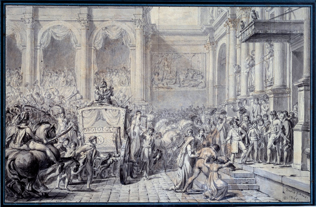 Przybycie karety cesarza Napoleona I (1769-1821) do Hotel de Ville de Paris w dniu 16.12.1804 z okazji jego rządu Rysunek Jacques Louis David (1748-1825) 1804 Nd. 0,26x0,4 m Paryż, Musee du Louvre autorstwa Jacques Louis David