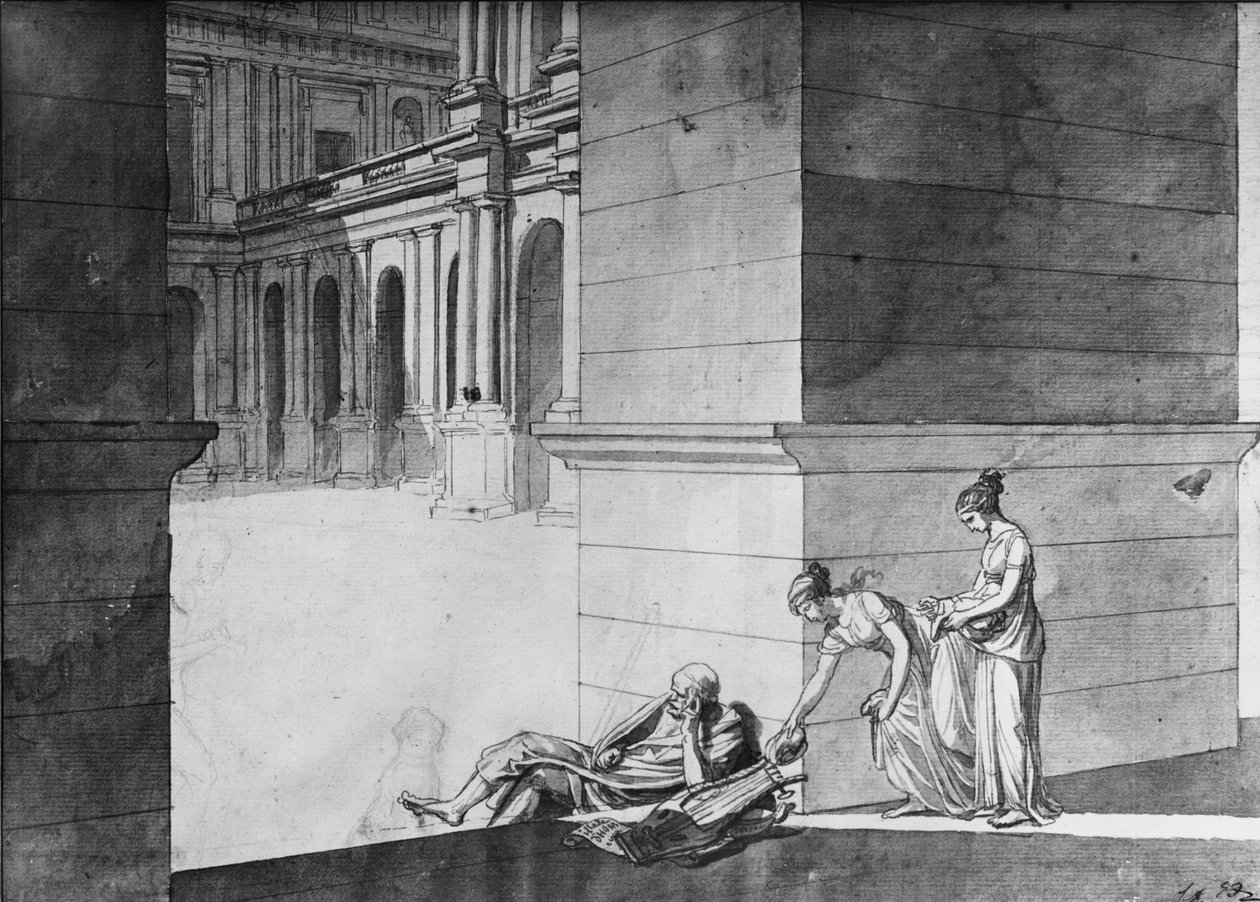 Dwie młode dziewczyny przynoszące chleb śpiącemu Homerowi, ok. 1794 (pióro i tusz indyjski na papierze) autorstwa Jacques Louis David
