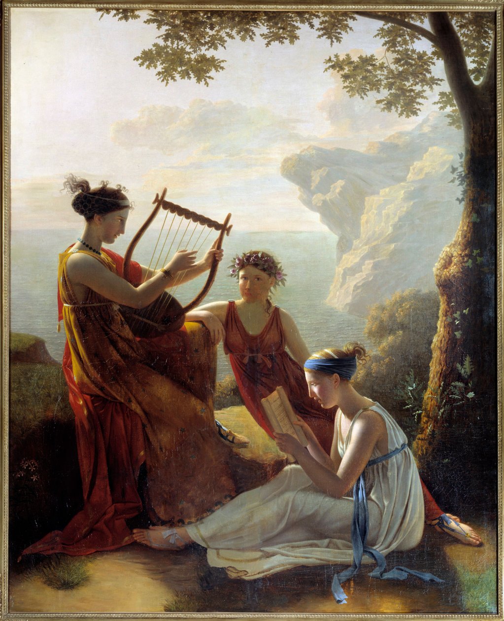 Grecka poetka Sapho (Sappho) grająca na lirze i jej dwaj towarzysze Malarstwo Jacques Louis Grandin (1780-?) 1808 Paryż, Musee Marmottan autorstwa Jacques Louis Michel Grandin