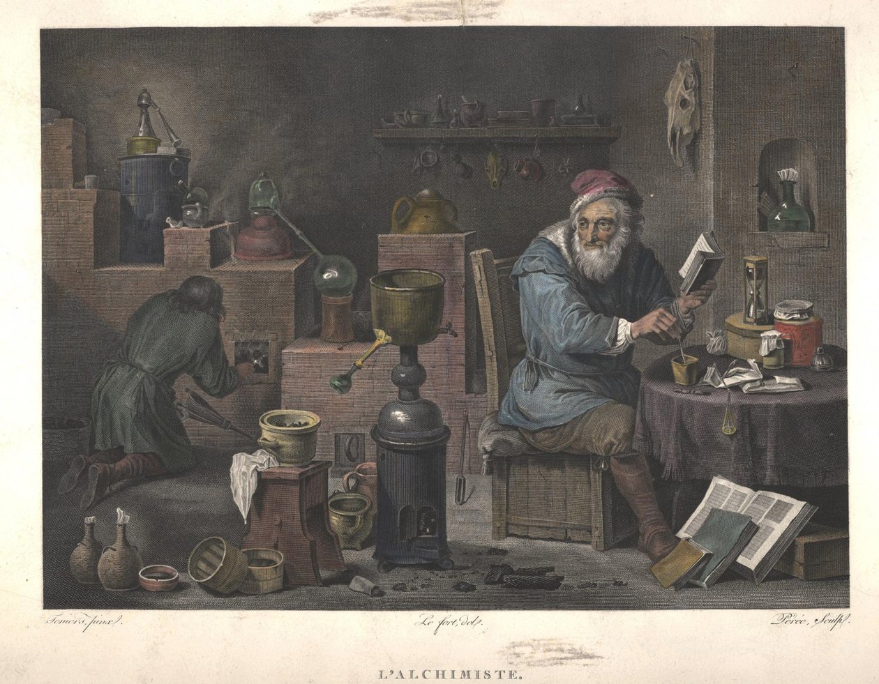 Alchemik według obrazu Davida Teniersa, koniec XVIII wieku. autorstwa Jacques Louis Perée