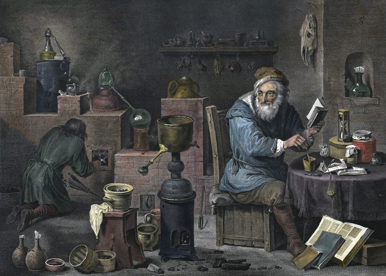 Alchemik. Grawerowanie: Jacques-Louis Pérée. XVII wiek. autorstwa Jacques Louis Perée