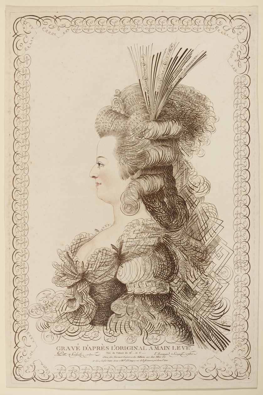 Kaligraficzny portret Marii Antoniny, 1787 (akwaforta i rycina) autorstwa Jacques Louis Petit