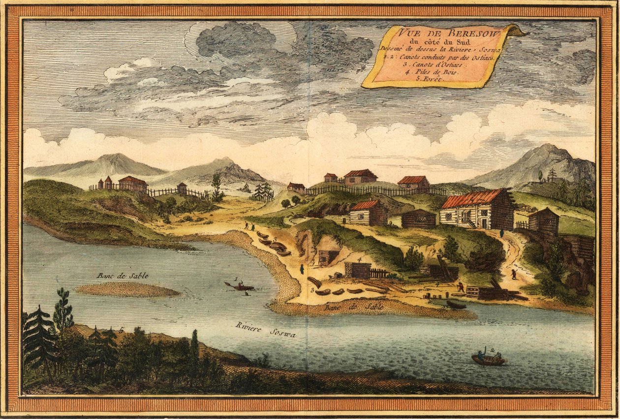 Widok Beriozowa z rzeki Soswy, 1760 autorstwa Jacques Nicolas Bellin