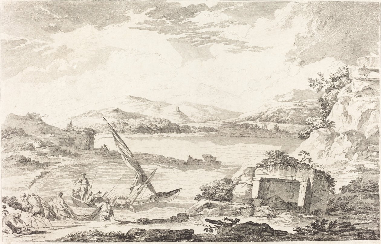 Widok na starożytny port Faleron, Ateny autorstwa Jacques Philippe LeBas after Julien David Le Roy