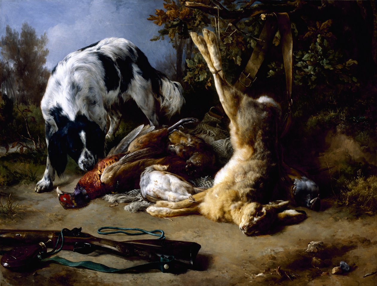 Spaniel z Martwą Naturą Martwej Gry, 1837 autorstwa Jacques Raymond Brascassat