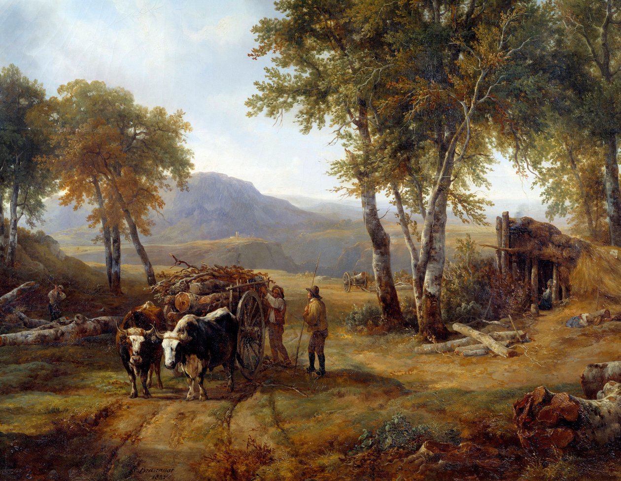 Drwale w Lesie Szczegółów. Obraz Raymonda Brascassata (1804-1867) 1832 Nantes, Musee des Beaux Arts autorstwa Jacques Raymond Brascassat
