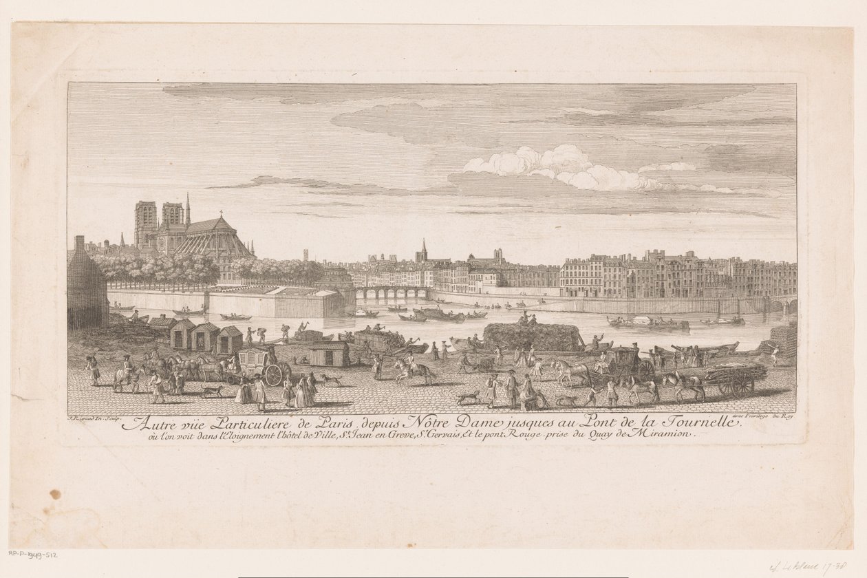 Gezicht op Parijs van de Notre Dame tot de Pont de la Tournelle Widok Paryża od Notre-Dame do Pont de la Tournelle (...) z Quai de Miramion (tytuł na obiekcie) autorstwa Jacques Rigaud
