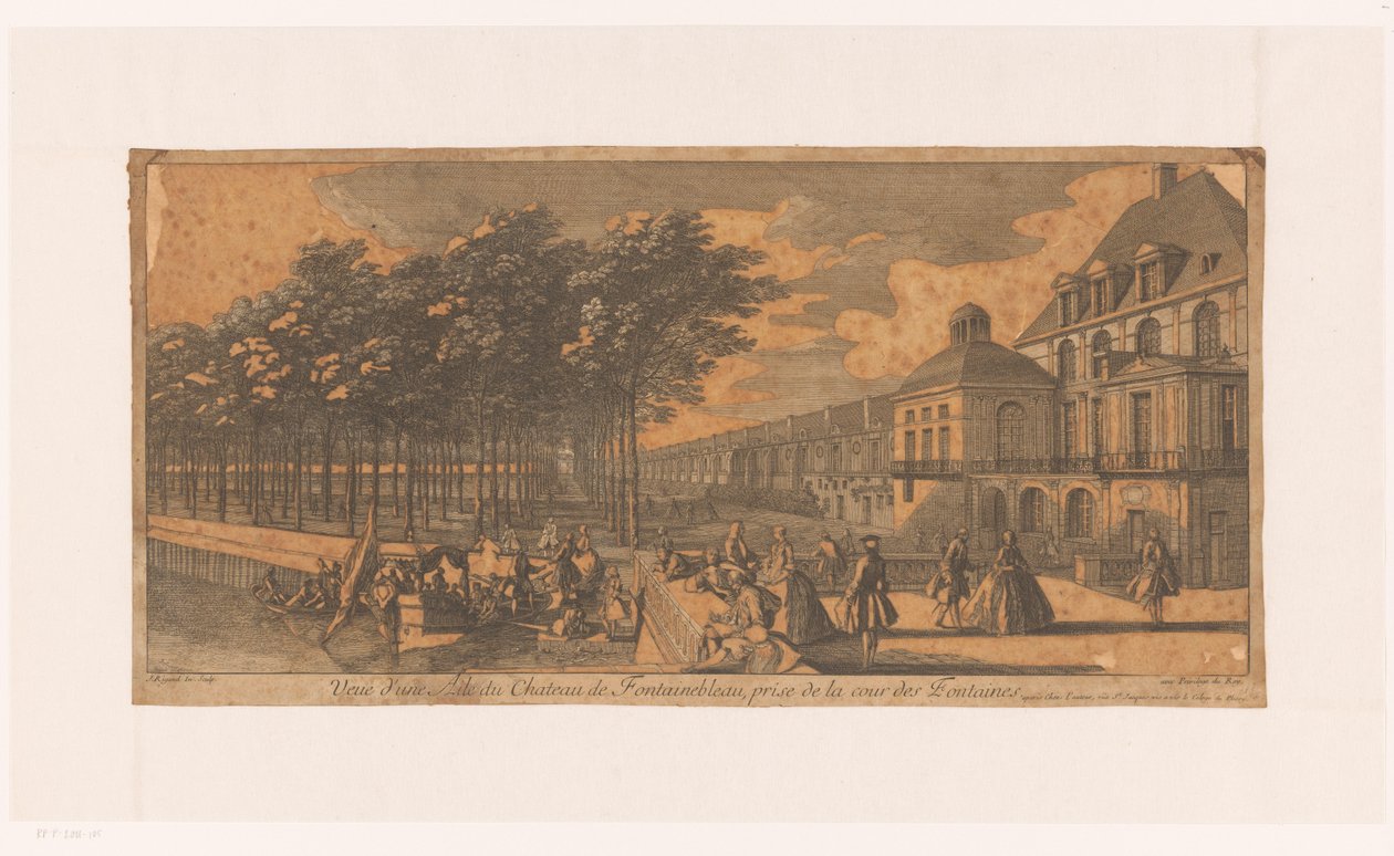 Gezicht op een laan bij de Cour de la Fontaine van kasteel Fontainebleau Widok skrzydła Château Fontainebleau, zaczerpnięty z Cour des Fontaines (tytuł na obiekcie) autorstwa Jacques Rigaud