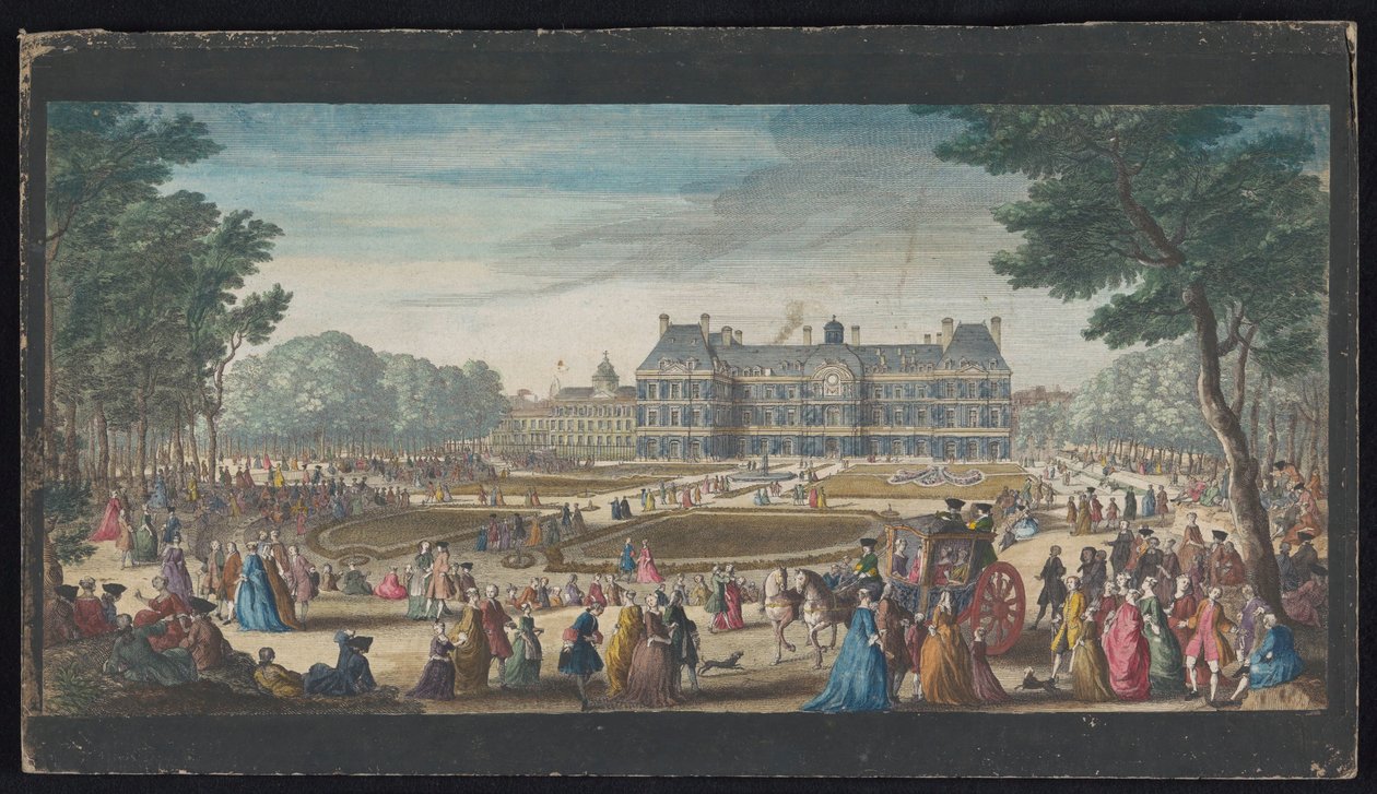 Widok na Palais du Luxembourg w Paryżu widziany z ogrodu Les promenades du Luxembourg (tytuł na obiekcie) autorstwa Jacques Rigaud