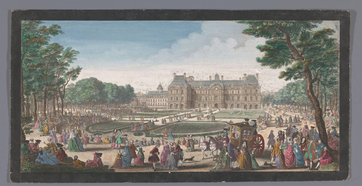 Widok na Palais du Luxembourg w Paryżu widziany z ogrodu Les promenades du Luxembourg (tytuł na obiekcie) autorstwa Jacques Rigaud