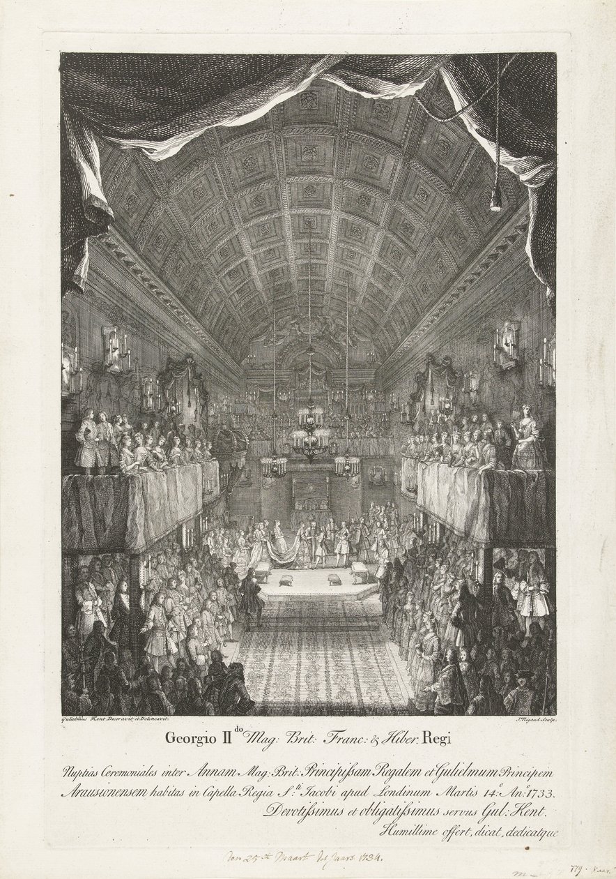 Huwelijk van Willem IV spotkał księżniczkę Annę, 1734 George II Mag: Brytyjczyk: Franc: & Hiber. Ślub królewski między Anną (...) i Wilhelmem (...) wtorek 14: Ano: 1733 (...) (tytuł na obiekcie) autorstwa Jacques Rigaud
