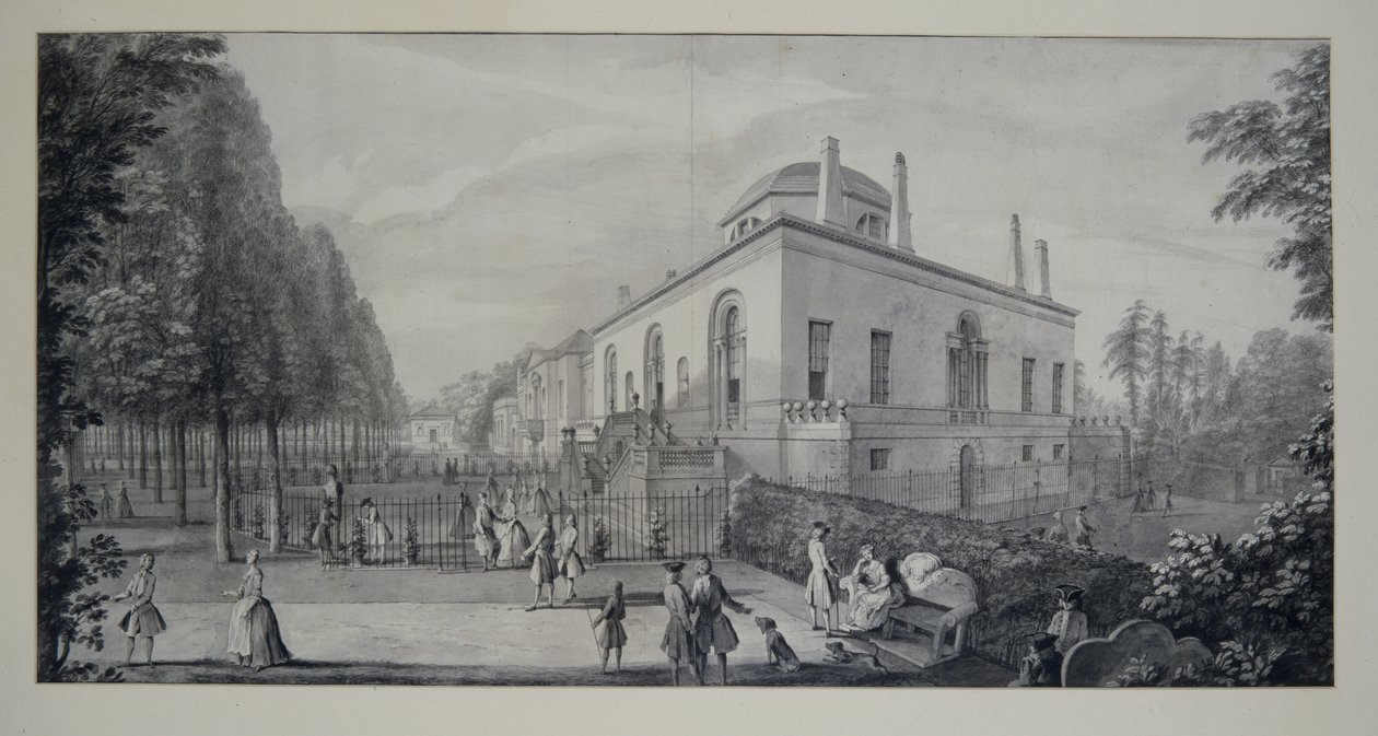 Neopalladiańska willa Lorda Burlingtona w Chiswick i Jacobean House (pióro i atrament z praniem na papierze) autorstwa Jacques Rigaud