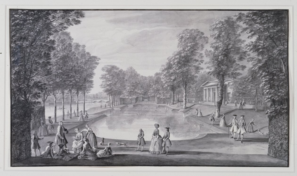 Basen nad rzeką, willa Chiswick Lorda Burlingtona (pióro i atrament z praniem na papierze) autorstwa Jacques Rigaud