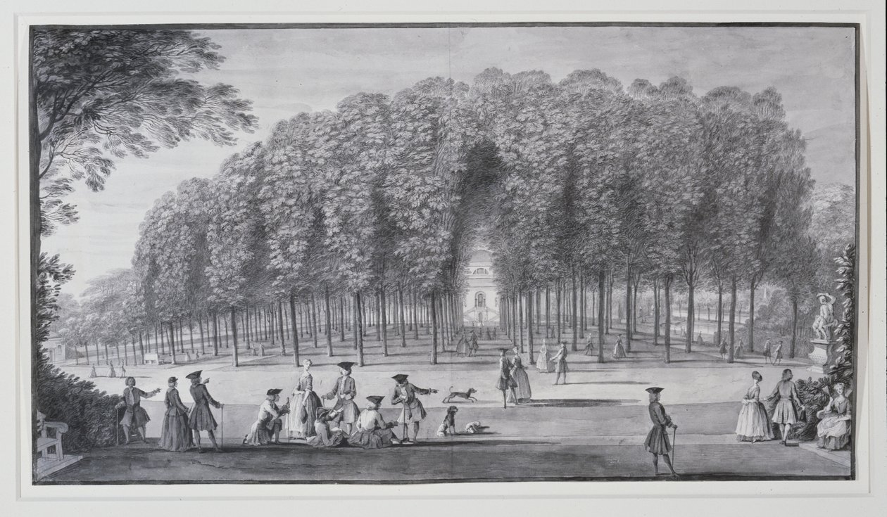 „Topolowy Gaj, Willa Chiswick Lorda Burlingtona” (pióro i atrament z akwarelą na papierze) autorstwa Jacques Rigaud