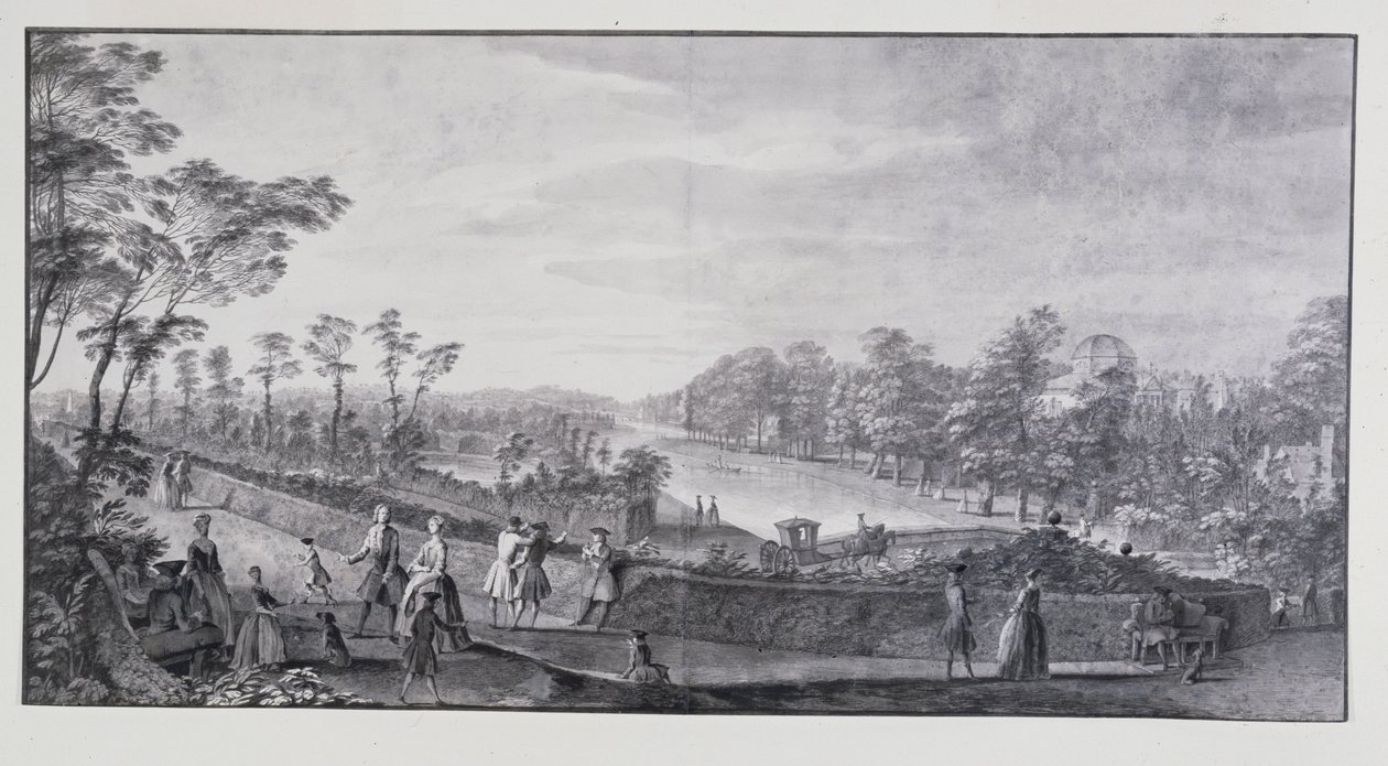 Sztuczna rzeka, willa Chiswick Lorda Burlingtona (pióro i atrament z praniem na papierze) autorstwa Jacques Rigaud