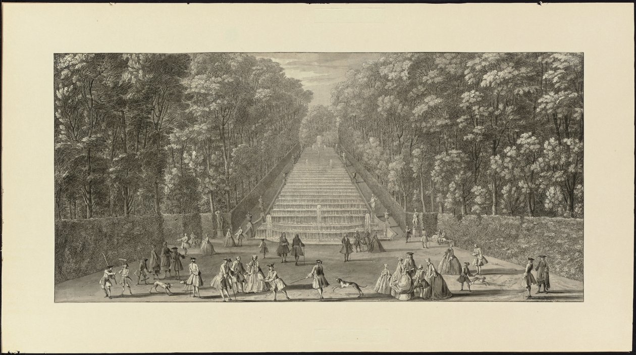 Vue de la Grande Cascade dans les jardins de Marly (czarna kreda, pióro i czarny tusz, szary pył) autorstwa Jacques Rigaud