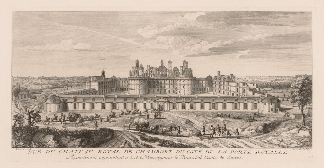 Widok na Zamek Królewski w Chambord od strony Bramy Królewskiej. autorstwa Jacques Rigaud