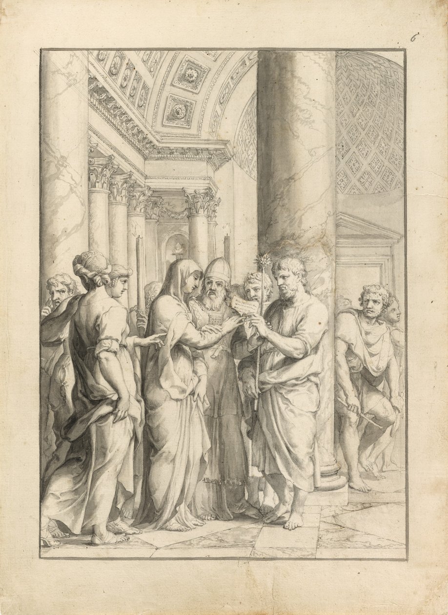 Małżeństwo Dziewicy, ok. 1640 (pióro i czarny tusz, z pędzelkiem i szarym i jasnobrązowym washem i grafitem, na kawałkach kremowego papieru kładzionego) autorstwa Jacques Stella