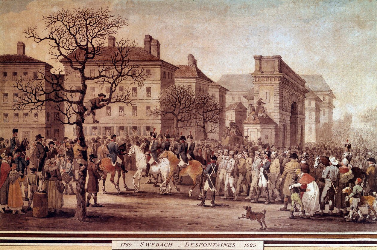Kampania francuska w 1814 r.: „”Entrée in Paris więźniów wojsk alianckich (m.in. Rosji i Prus), eskortowanych przez Gwardię Narodową dowodzoną przez Marechala Monceya w dniu 9.03.1814”” Litografia Jacquesa Swebacha-Desfontainesa (1769- 1823) autorstwa Jacques Swebach Desfontaines