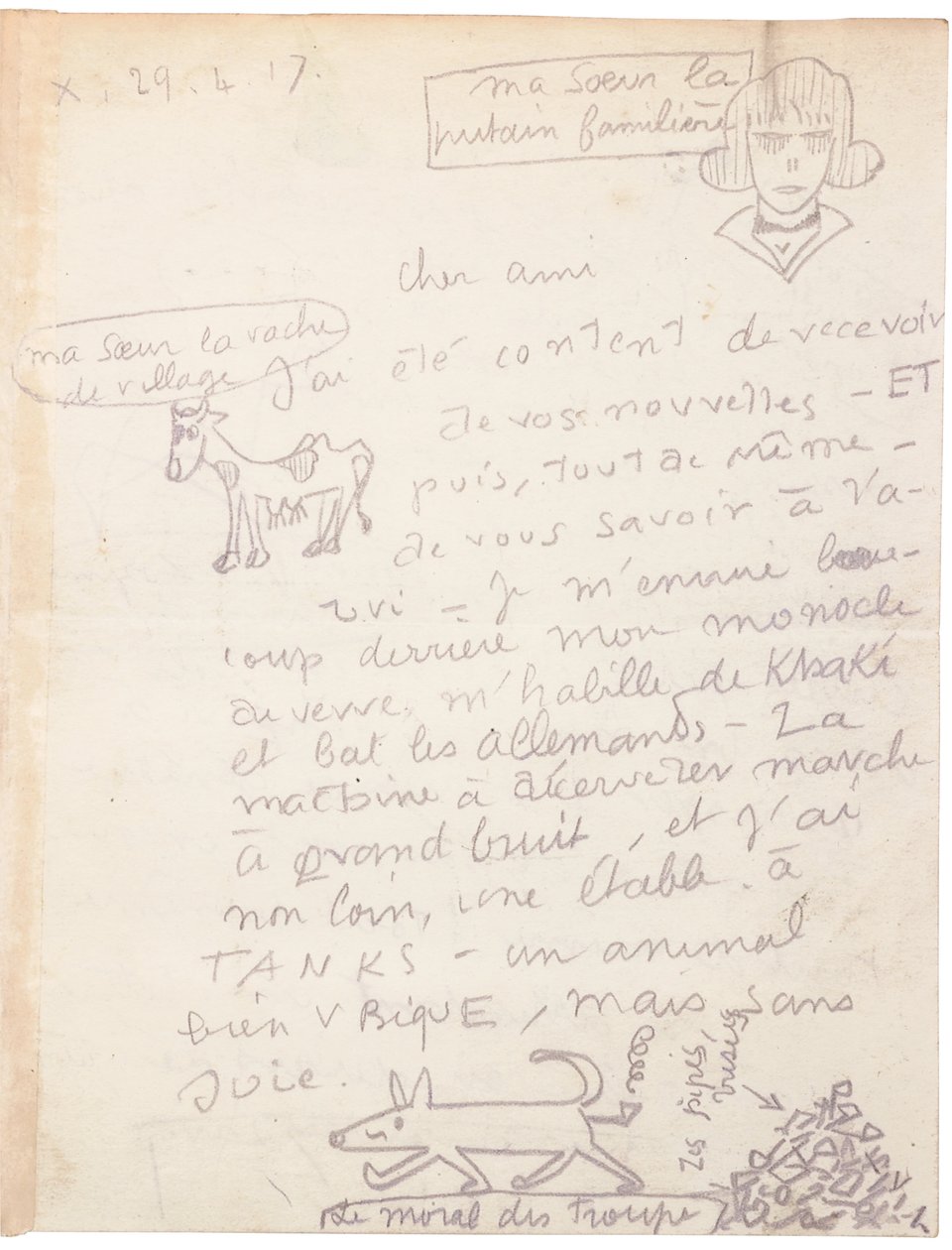 List z autografem z rysunkami autorstwa Jacques Vache