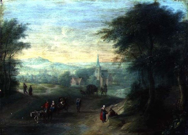 Górzysty krajobraz rzeki (olej na panelu) autorstwa Jacques Willem Blarenberghe
