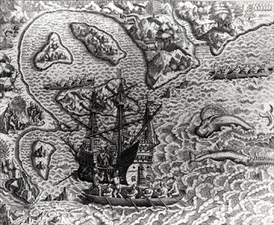 Johannes Staden przybywa na nieznaną wyspę i odkrywa, że Portugalczycy już tam są, z Americae, 1593, napisany i ryty przez Theodora de Bry (1528-98) autorstwa Jacques d.158788 after Le Moyne