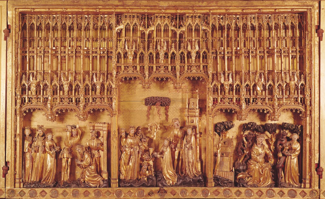 Ołtarz Świętych i Męczenników, panel środkowy Ścięcie św. Jana Chrzciciela, Męczeństwo św. Katarzyny Aleksandryjskiej i św. Barbary i Kuszenie św. autorstwa Jacques de Baerze or Baers