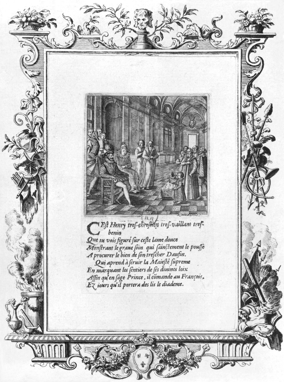 Henri IV (1553-1610) król Francji i Nawarry uczący delfina Ludwika Francuskiego, przyszłego Ludwika XIII (1601-43) ok. 1605 r. autorstwa Jacques de Fornazeris