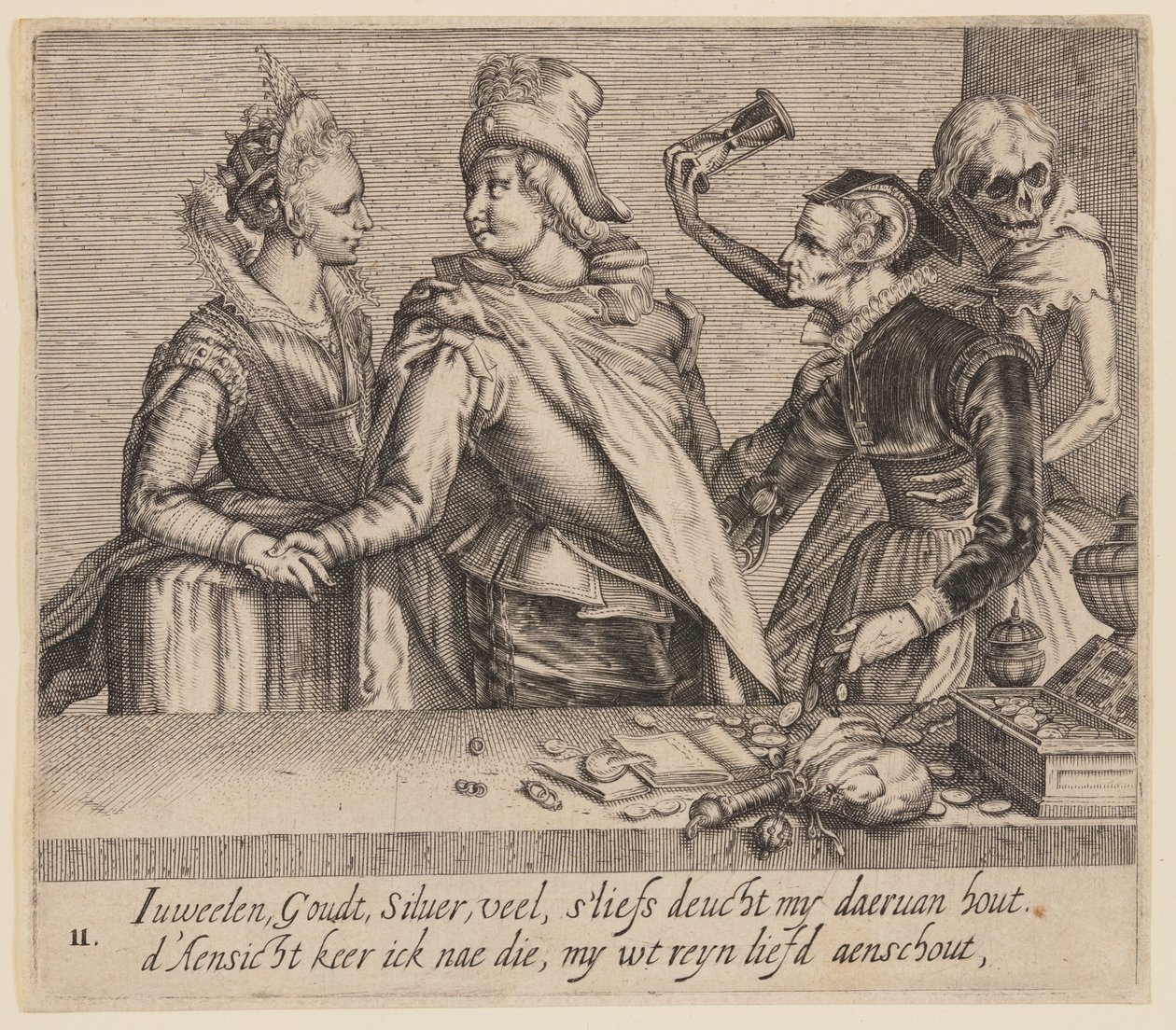 Młody mężczyzna między młodą kobietą a starą kobietą, od Nierówni kochankowie autorstwa Jacques de Gheyn II