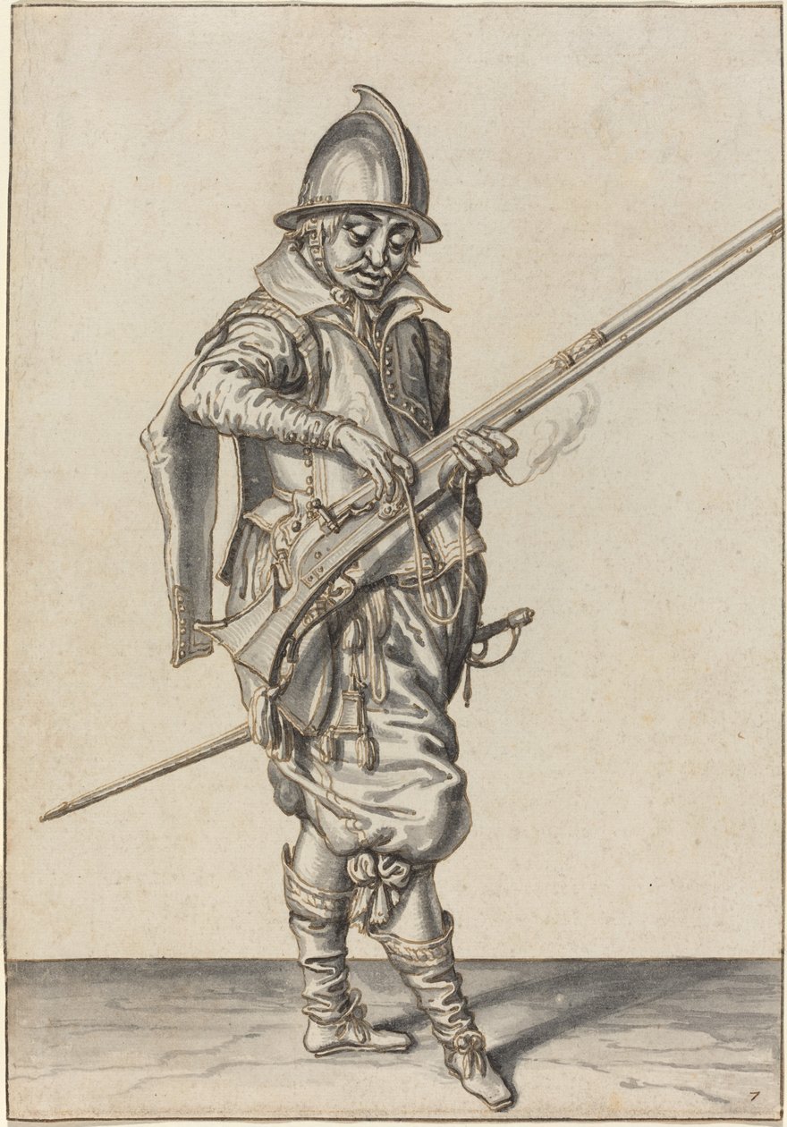 Elegancko ubrany żołnierz przygotowujący się do strzału ze swojego Caliver autorstwa Jacques de Gheyn II