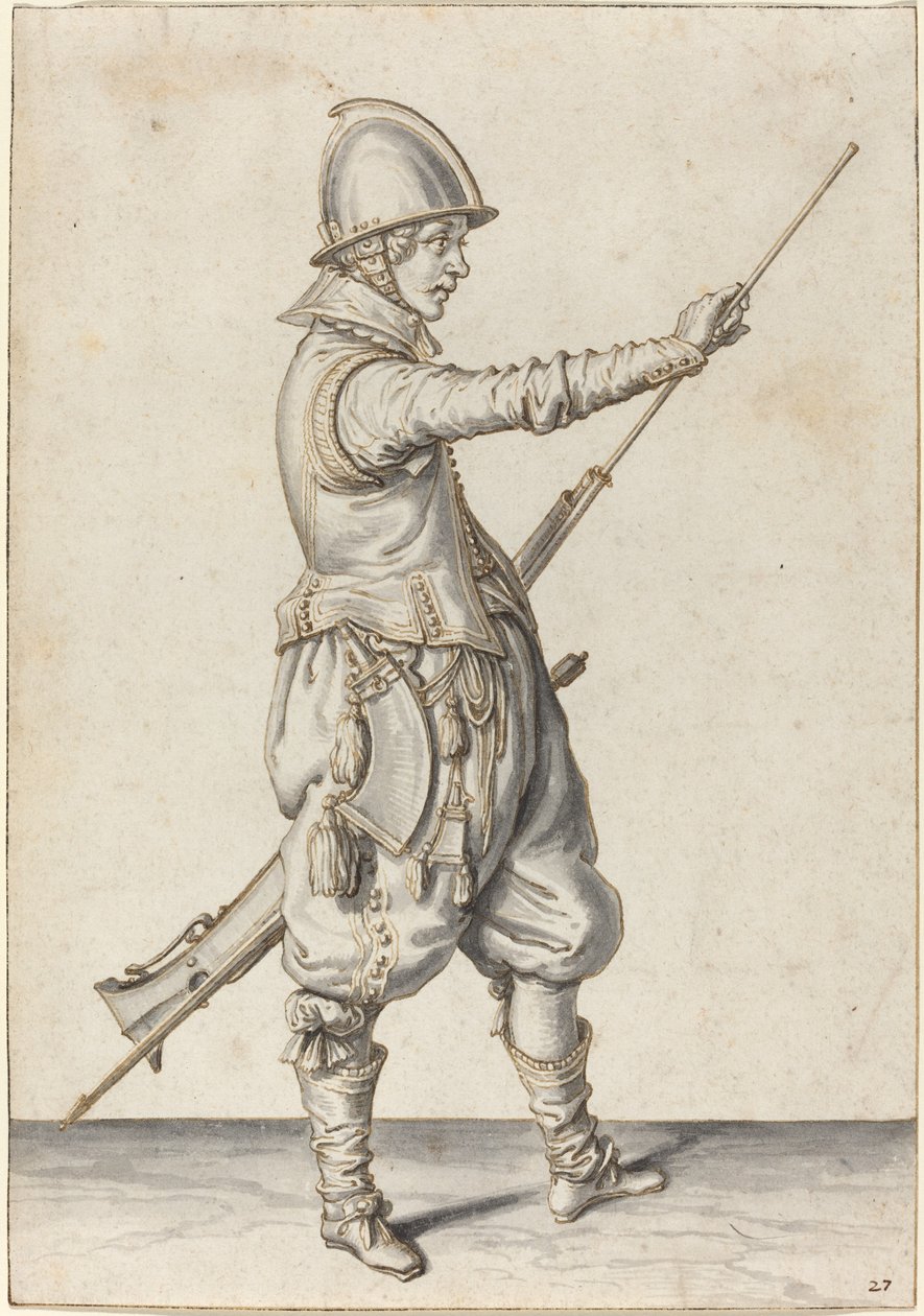 Elegancko ubrany żołnierz podbijający jego Caliver autorstwa Jacques de Gheyn II
