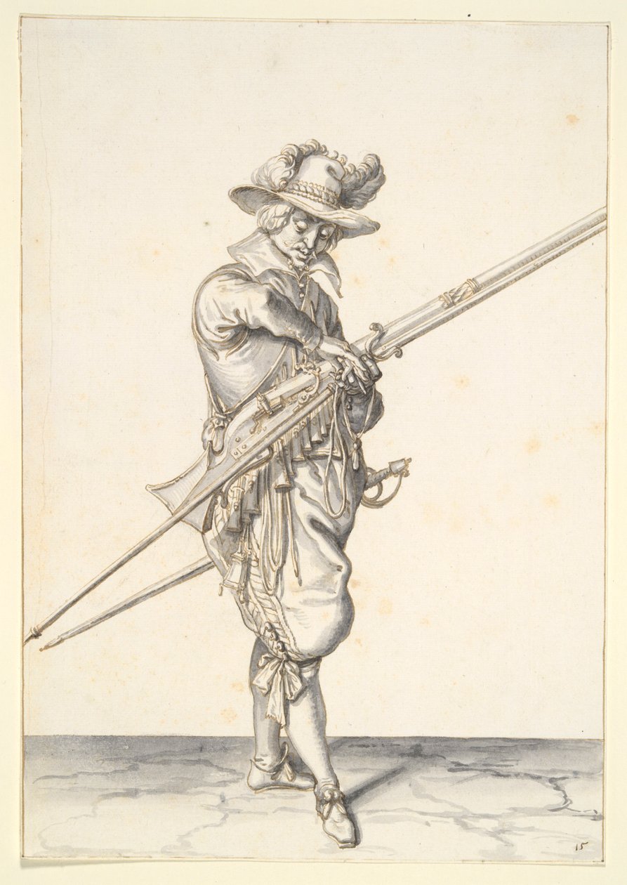 Żołnierz przygotowujący się do strzału z muszkietu autorstwa Jacques de Gheyn II