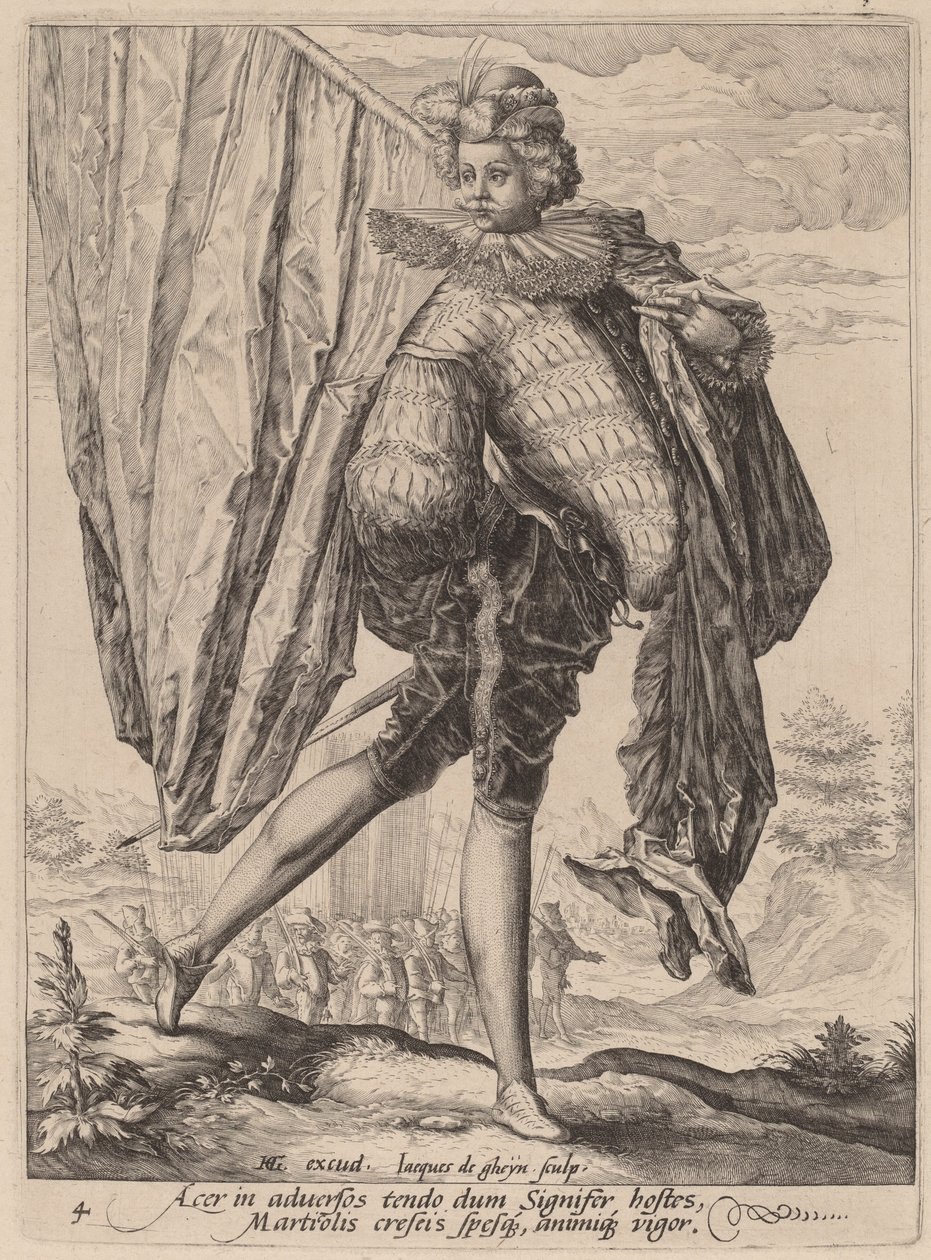 Żołnierz uzbrojony w pałasz i tarczę autorstwa Jacques de Gheyn II after Hendrik Goltzius