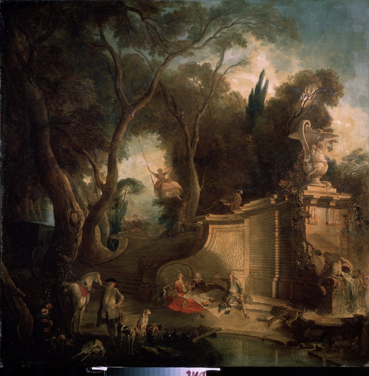 ""Odpoczynek po polowaniu" (Odpoczynek po polowaniu) Przyjemności szlachty po polowaniu, kobieta na huśtawce, piknik (piknik) kraj. Obraz Jacquesa de Lajoue (1686-1761) 1730 Muzeum Puszkina, Moskwa autorstwa Jacques de Lajoüe