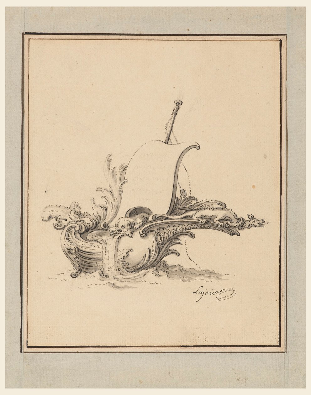 Rysunek, projekt rozety w formie łodzi z żaglem, dla Recueil Nouveau de Differens Cartouches, 1734 r. autorstwa Jacques de Lajoüe